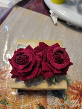 Burgundy Rose Floral Hair Comb - Women Accessories